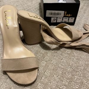 Suede nude wrap up heels
